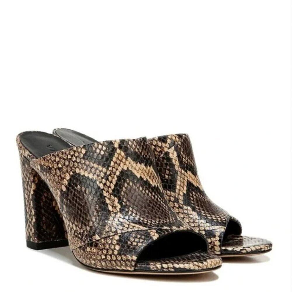 Vince Heath Snake Print Leather Cross Strap Mule Heels